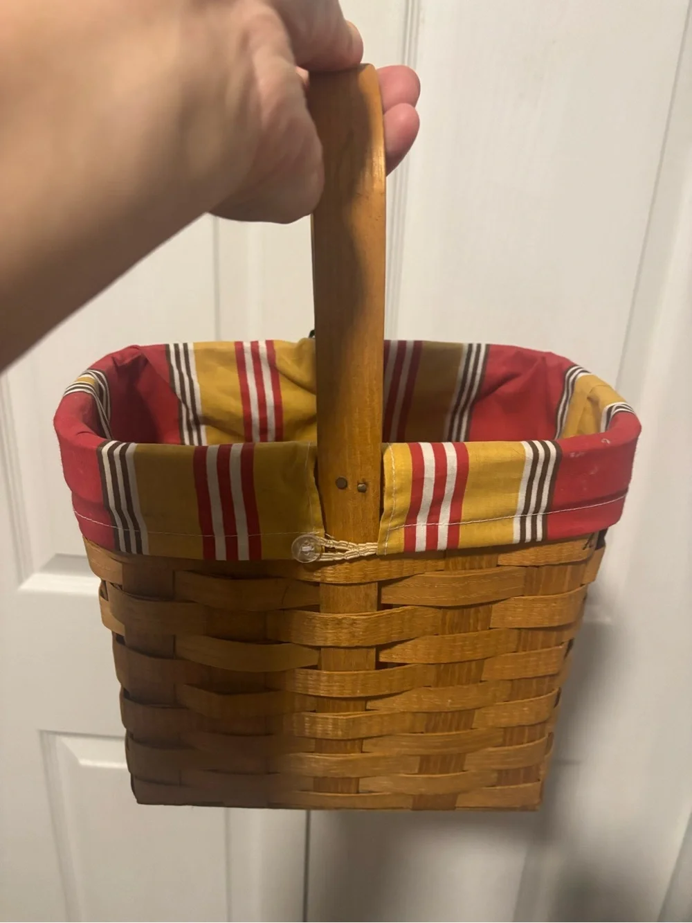 Williams Sonoma Yellow and Red Striped Lined Wood Wine Tote vintage y2k